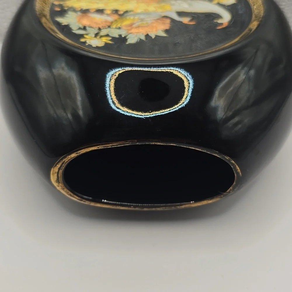 The Art Of Chokin 24k Gold Edged Black Vase With Peacock Design Made In Japan